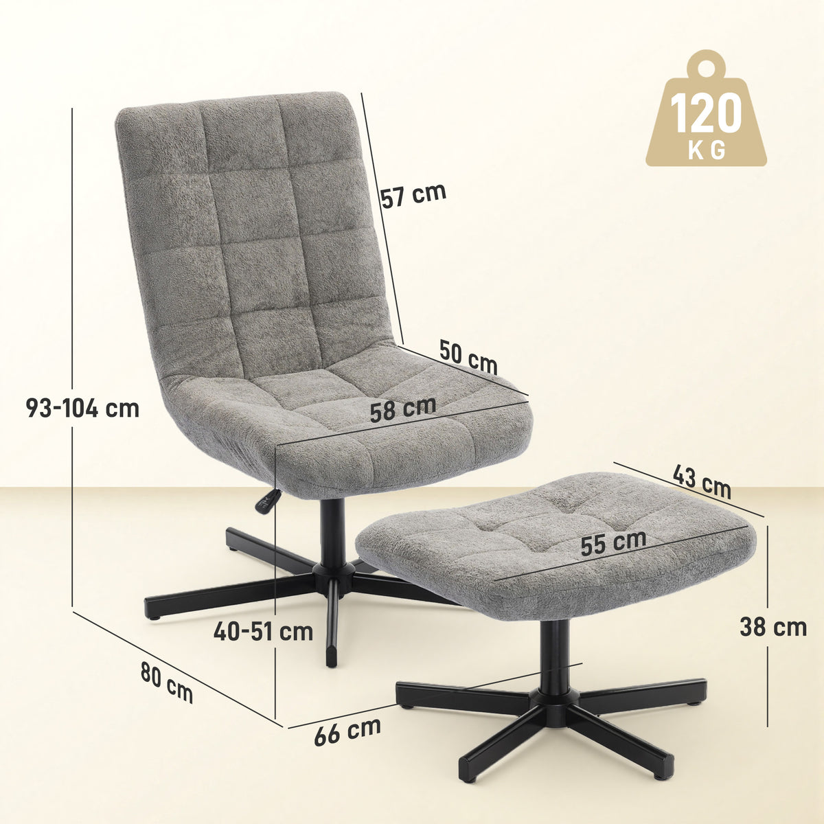 Fauteuil salon avec repose-pieds, chaise pivotante, hauteur réglable, dossier inclinable, 66 x 80 x 93-104 cm, gris-2