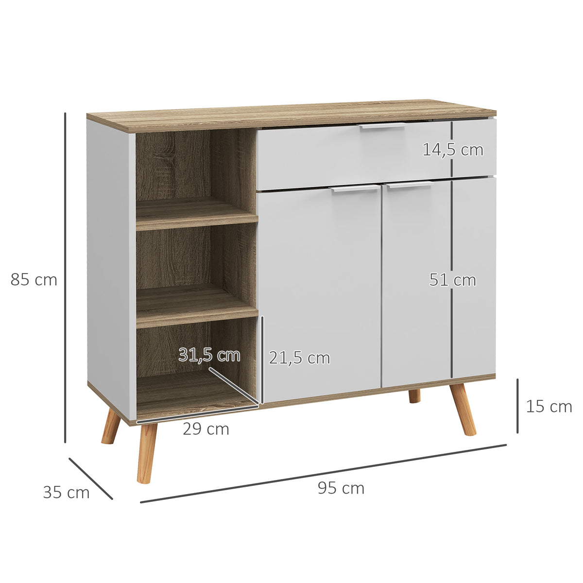 Meuble de rangement buffet cuisine 1 tiroir 1 placard double porte 3 étagères réglables 95 x 35 x 85 cm blanc-2