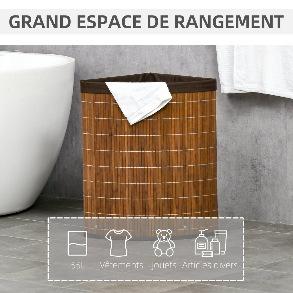 Panier à linge en bambou d'angle 55L avec couvercle et sac amovible 38 x 38 x 57 cm marron-3