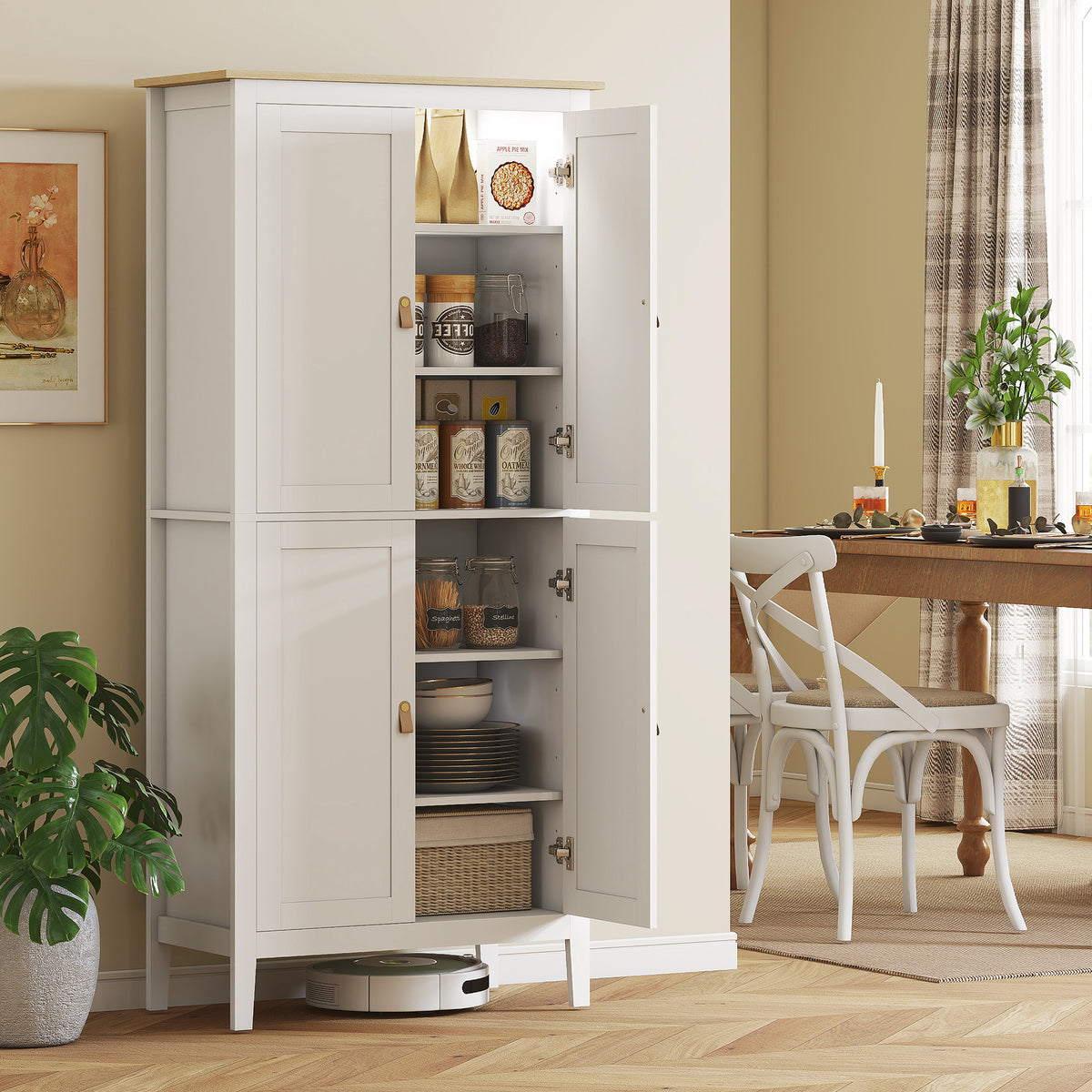 Buffet cuisine, meuble cuisine rangement haut avec LED réglable et détecteur de mouvement, 80 x 40 x 176,5 cm, blanc-9