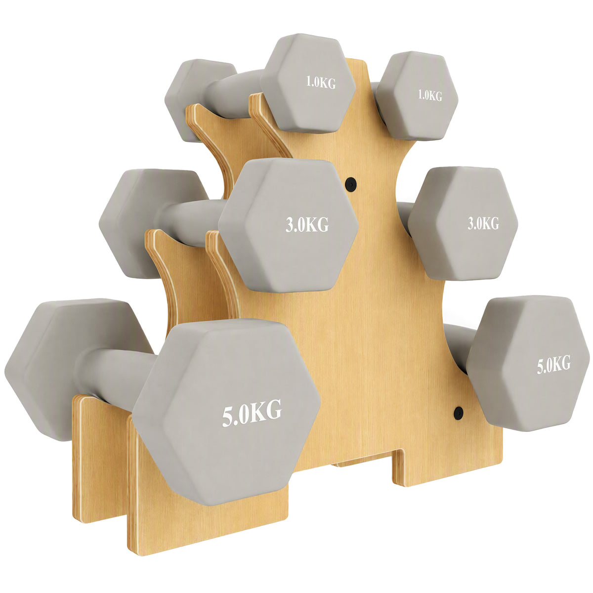 Lot de 3 Paires d'Haltères Hexagonaux Antidérapants 18 kg en Fonte, Revêtement PVC, avec Support en Bois, Gris Clair-0