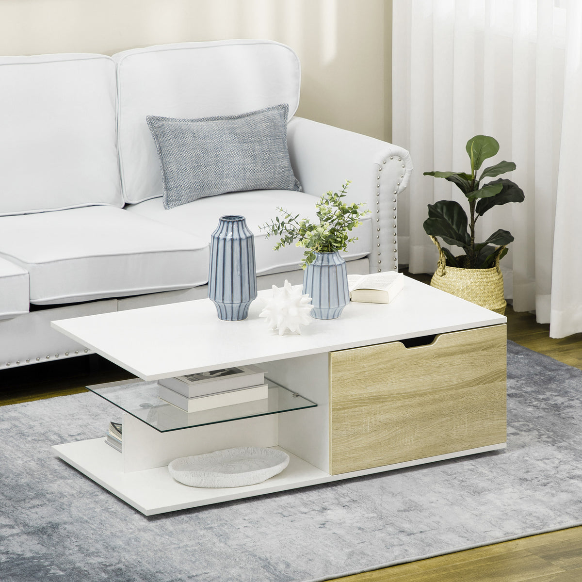 Table basse rectangulaire design contemporain 2 tiroirs 2 niches étagère verre trempé panneaux blanc aspect chêne clair-1