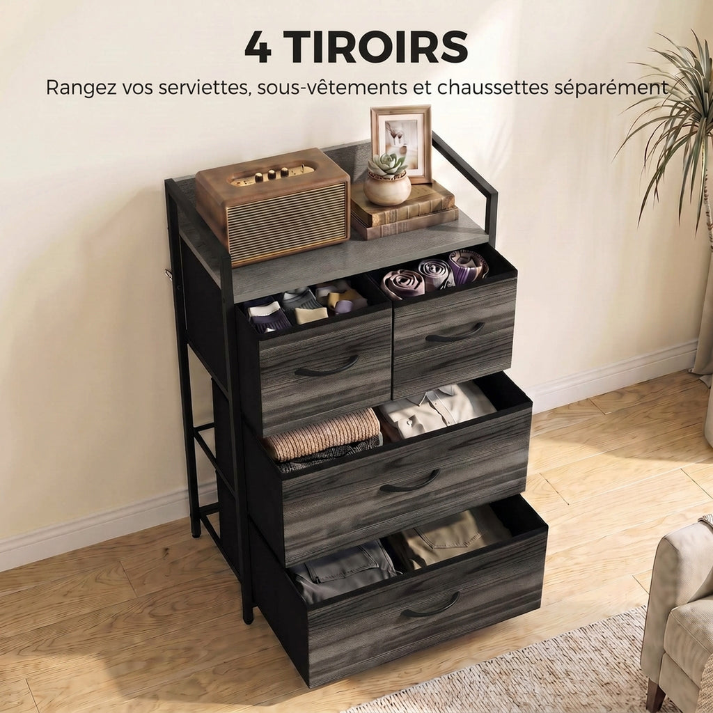 Meuble de Rangement Style Industriel, Commode 4 Tiroirs en Tissu Pliables et Amovibles et 1 Étagère, 50x29x85cm, Gris-3