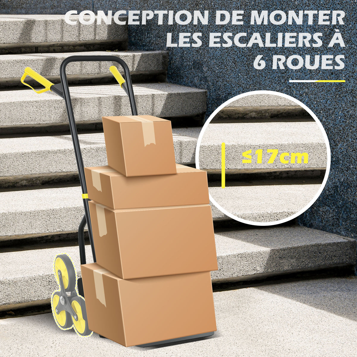 Diable d'escalier pliable 120 kg 6 roues, diable demenagement en acier avec cordes télescopiques, 44x67x106,5cm, jaune-4
