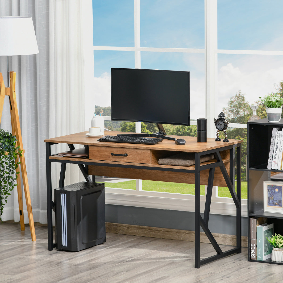 Bureau Style Industriel 120L x 60l x 76H cm tiroir + 2 niches piètement métal Noir Plateau, pour Étude, Aspect-1