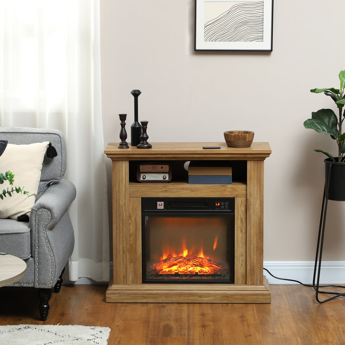 Cheminée électrique effet flammes 3D luminosité réglable 1800 W avec télécommande 81,5 x 30 x 76,2 cm brun effet bois-1