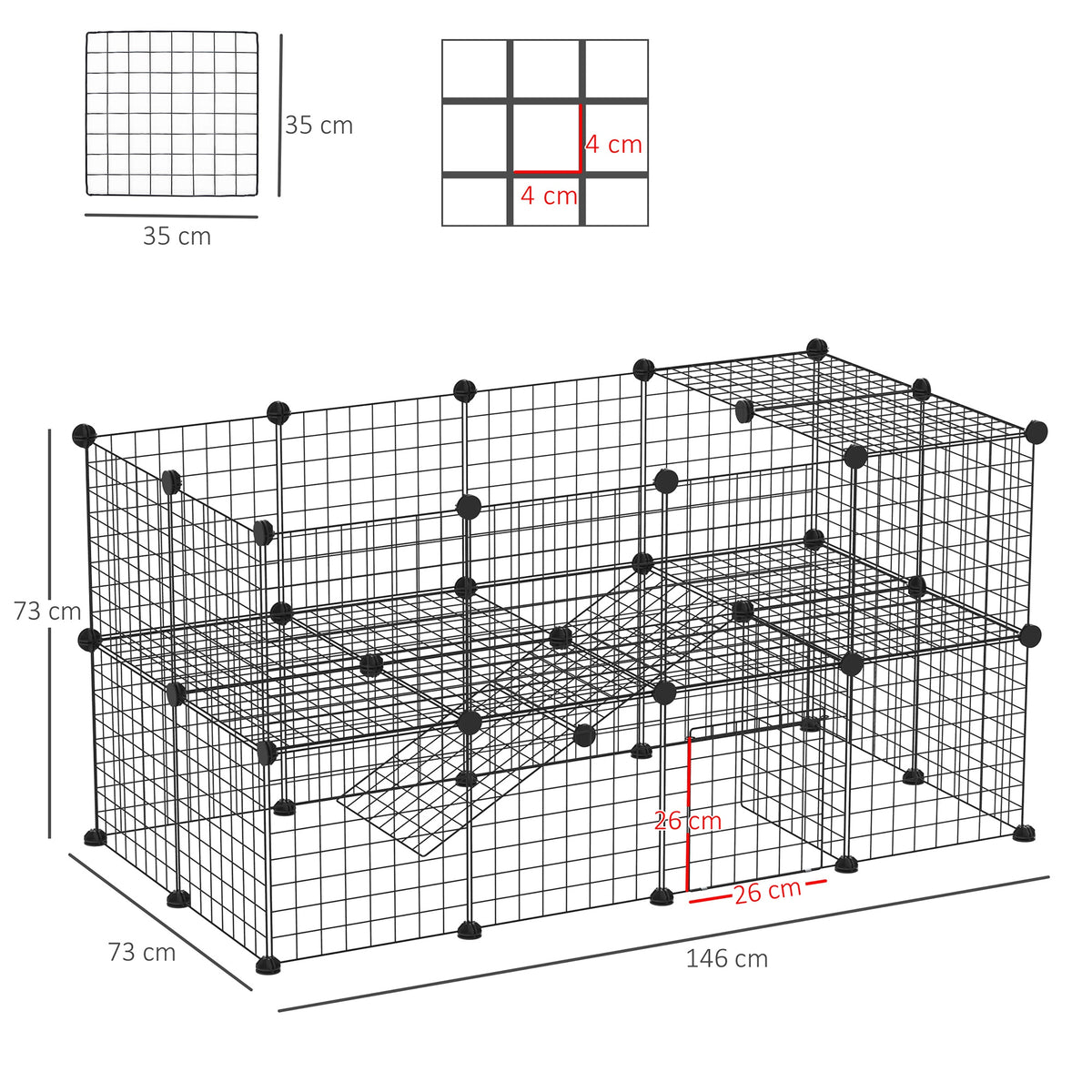 Cage parc clôture pour animaux domestiques enclos pour petits animaux 146 x 73 x 73 cm modulable 2 niveaux 36 panneaux bords arrondis fil en acier noir-2
