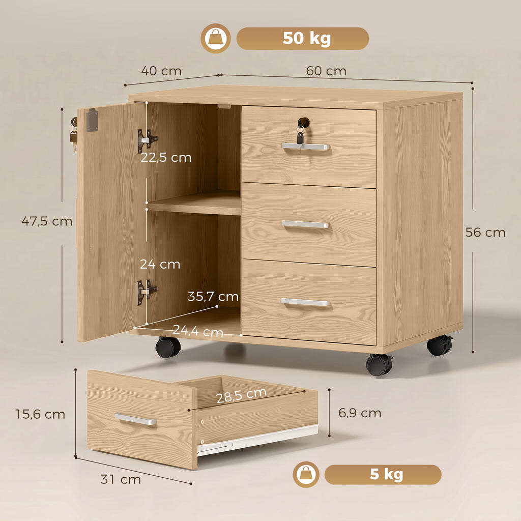 Caisson bureau meuble de rangement verrouillable avec 3 tiroirs et étagère réglable, roulettes, 40 x 60 x 56 cm, marron clair-2