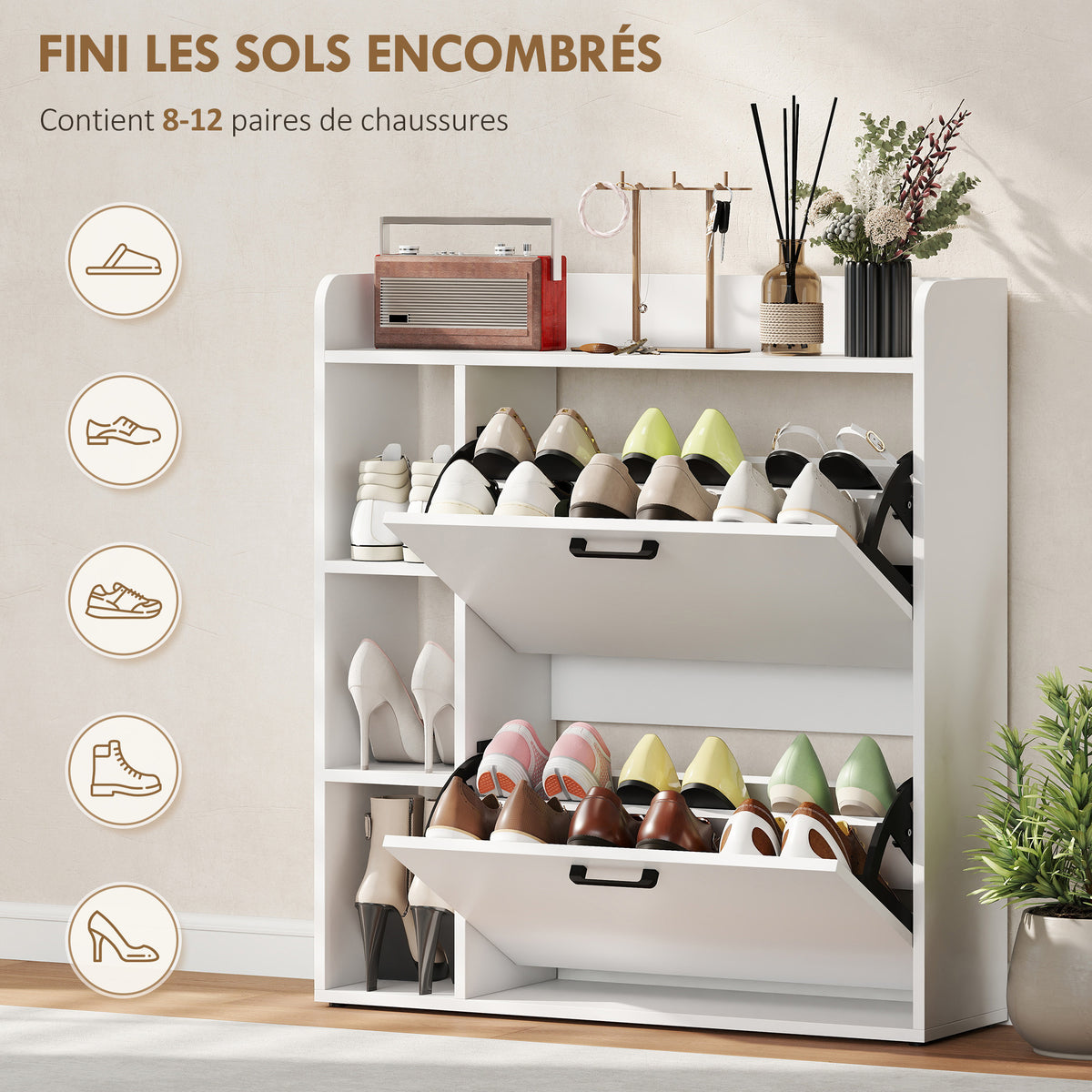 Meuble à chaussures 15 paires, armoire à chaussures moderne avec 2 tiroirs rabattables, 83x24x90,5cm, blanc-3