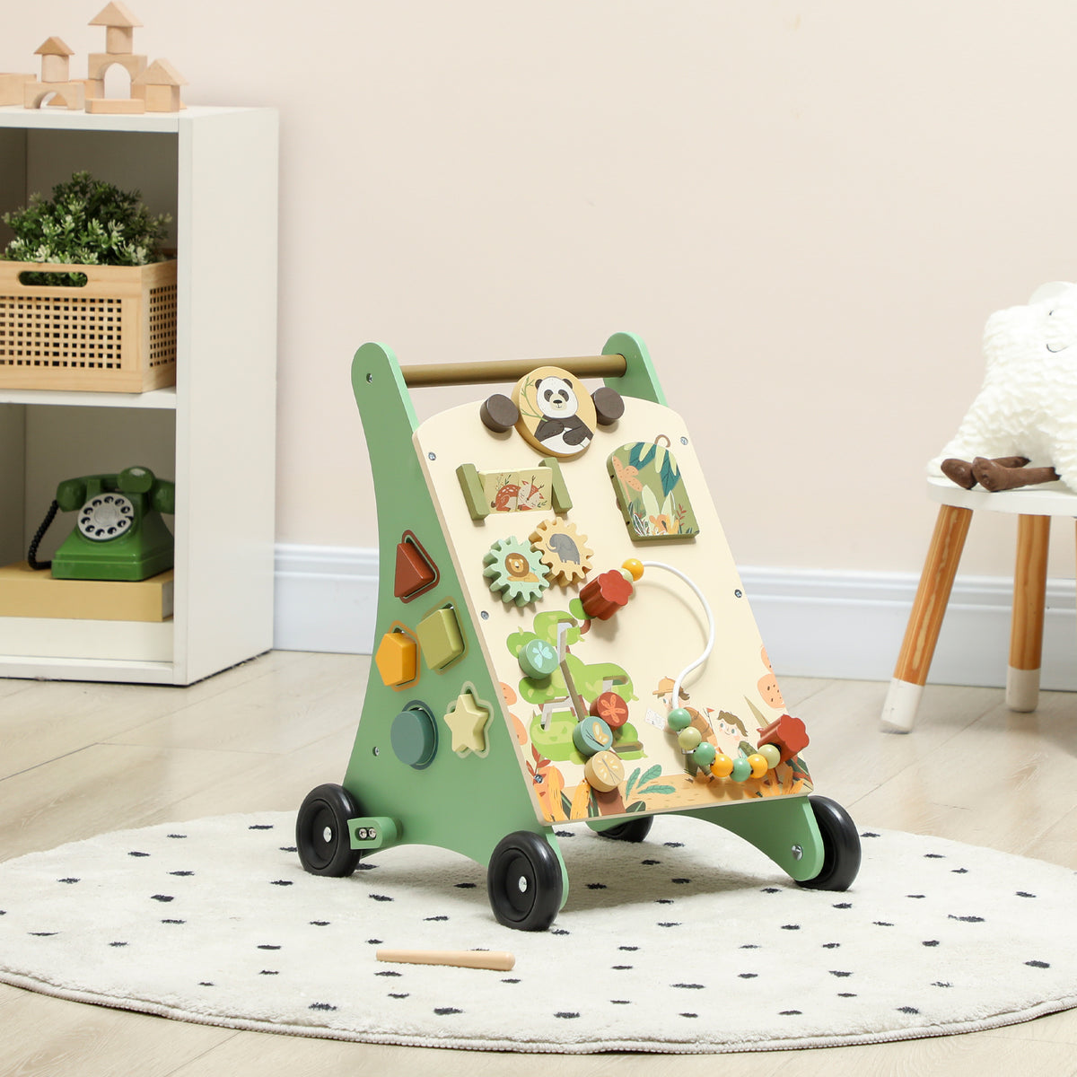 Trotteur en bois pour bébé 18+ mois, chariot de marche, contrôle de vitesse, centre d'activités, 33,5x36x46,8cm, vert-8