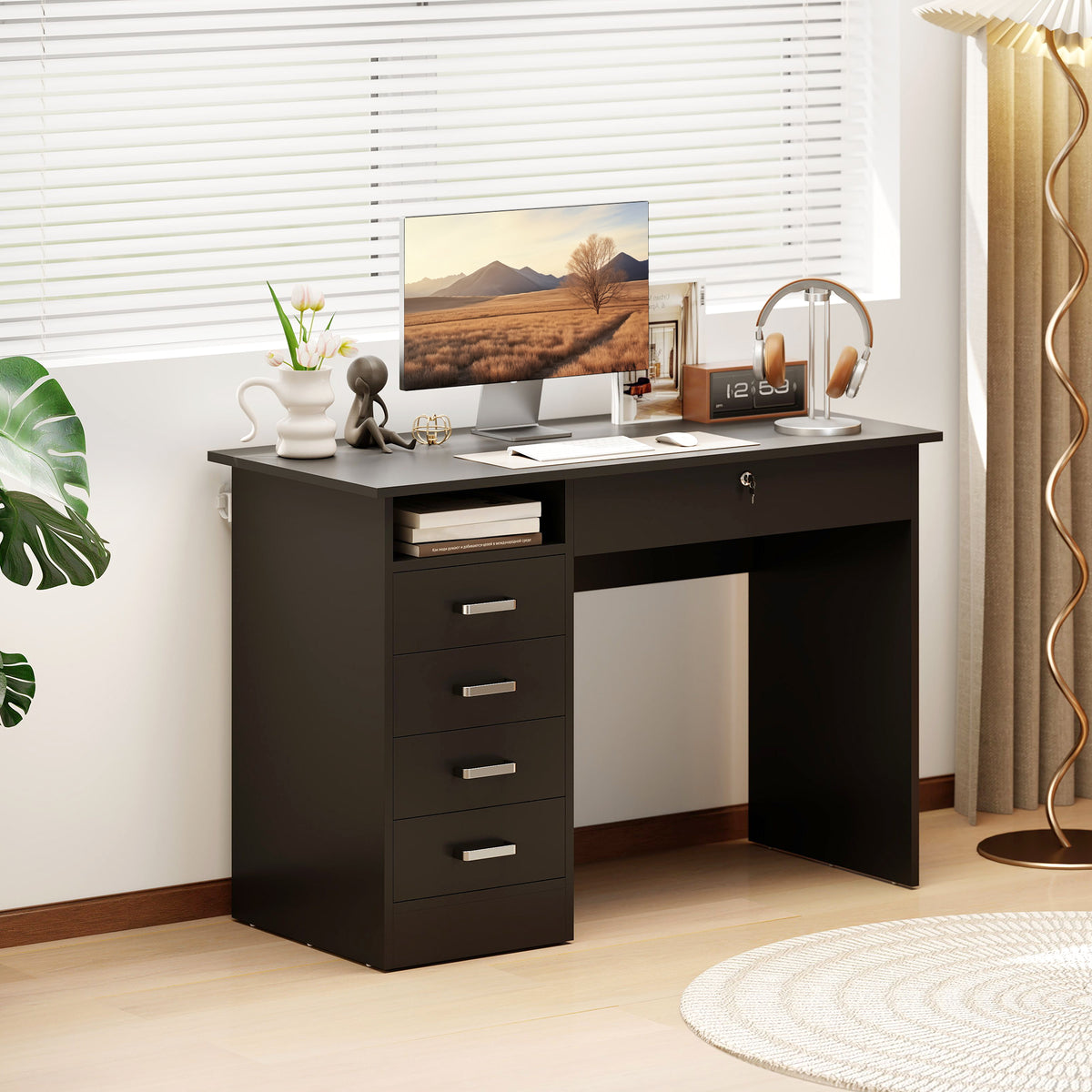 Bureau moderne avec 5 tiroirs, grand plateau, 1 compartiment ouvert, tiroir verrouillable, 110 x 50 x 76cm, noir-1