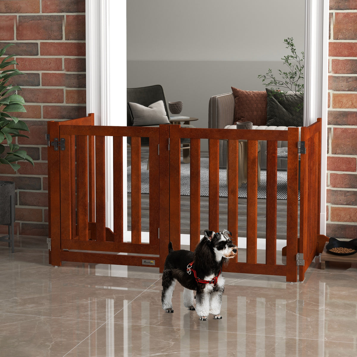 Barrière de sécurité chien pliable double face en bois, 4 panneaux avec porte, pieds de support, 205 x 60 cm, marron-1
