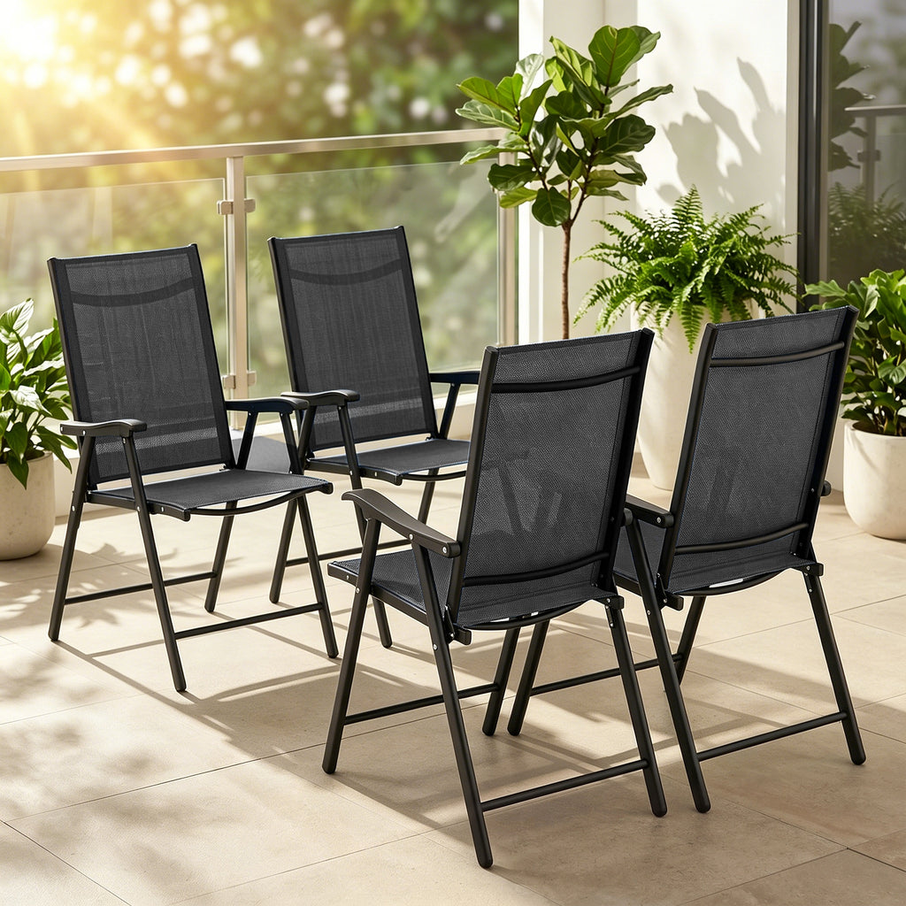 Lot de 4 Chaises de Jardin Pliantes Structure Acier Robuste sans Montage Dossier Haut Ergonomique 58x62x97cm Noir-1