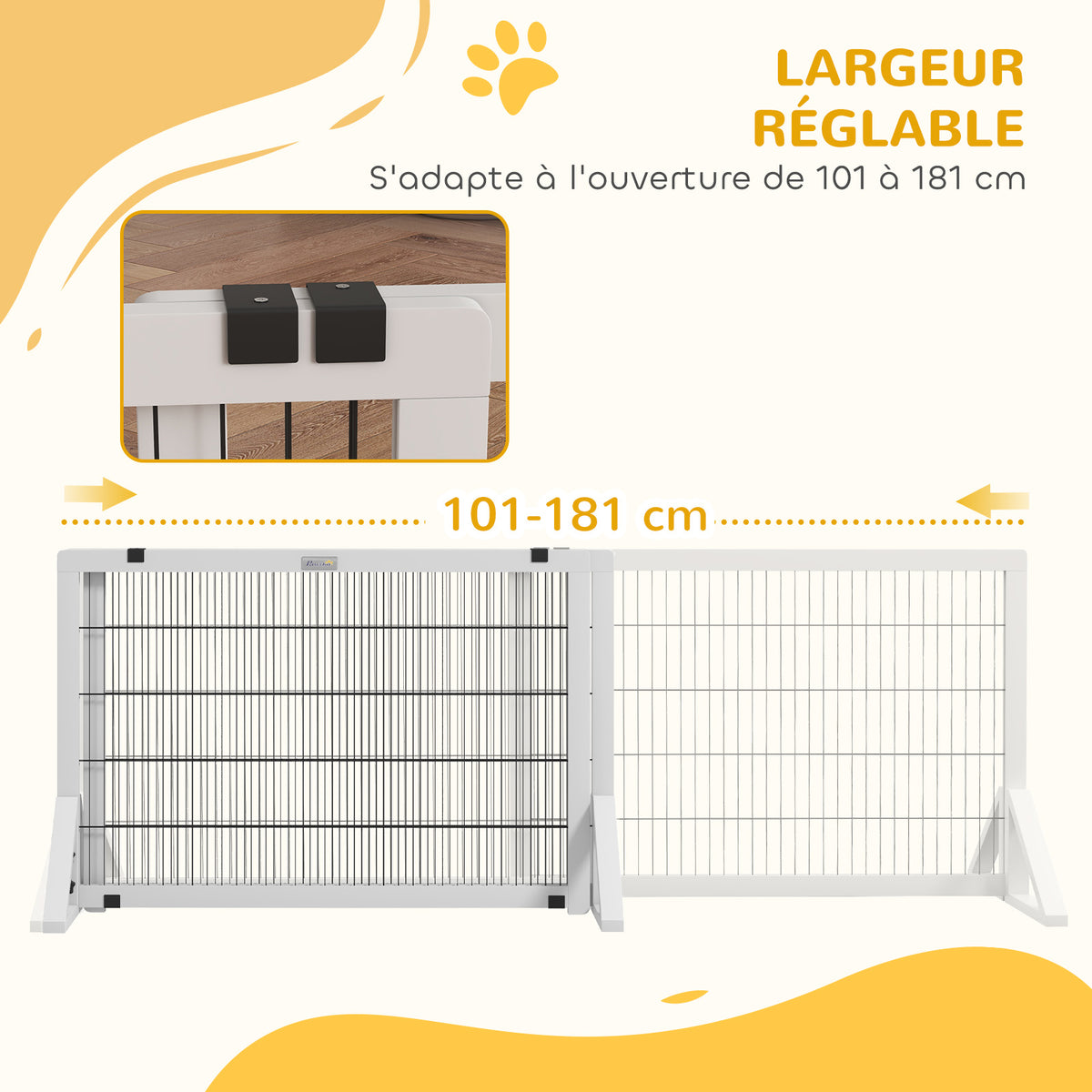 Barrière de sécurité pour chien barrière de protection à 2 panneaux largeur réglable 101-181 cm en bois acier blanc-5