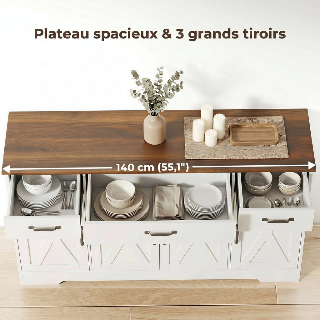 Buffet, meuble de rangement cuisine style ferme avec 4 portes de grange, 3 tiroirs, étagères ajustables, blanc-4