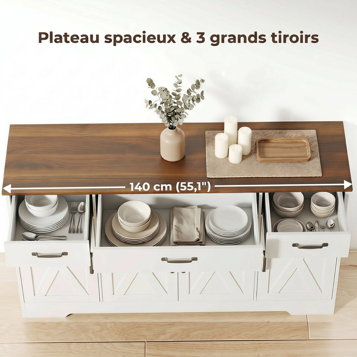 Buffet, meuble de rangement cuisine style ferme avec 4 portes de grange, 3 tiroirs, étagères ajustables, blanc-4