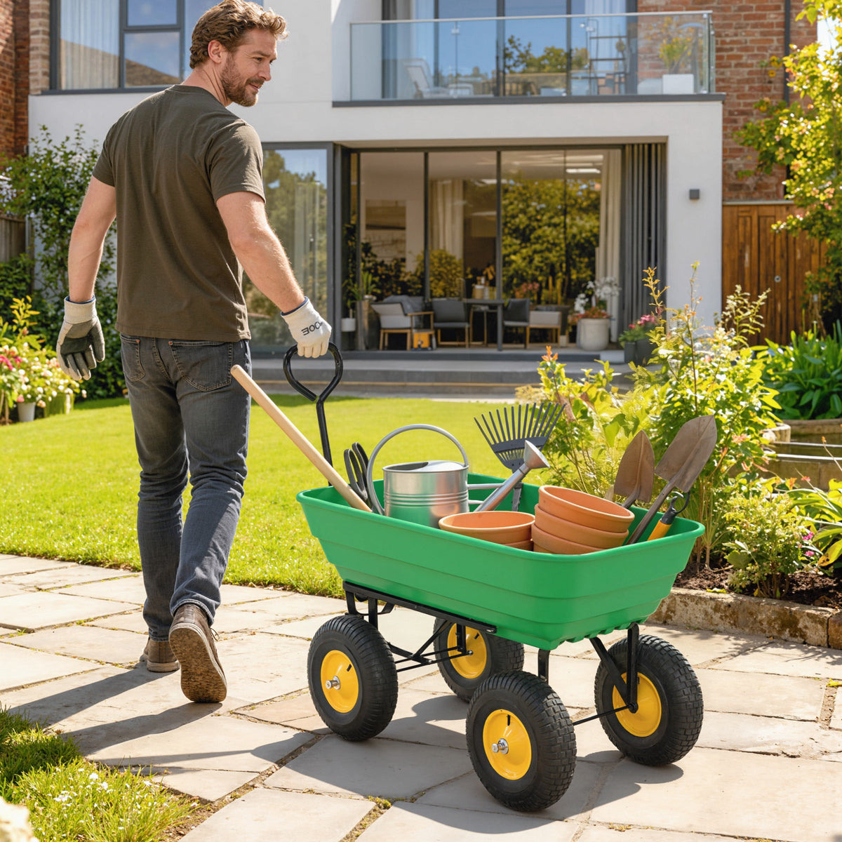 Chariot de Jardin à Main Benne basculante 75° 75L Charge Max. 200 Kg 4 Roues pneumatiques Acier PP Jaune Vert-1