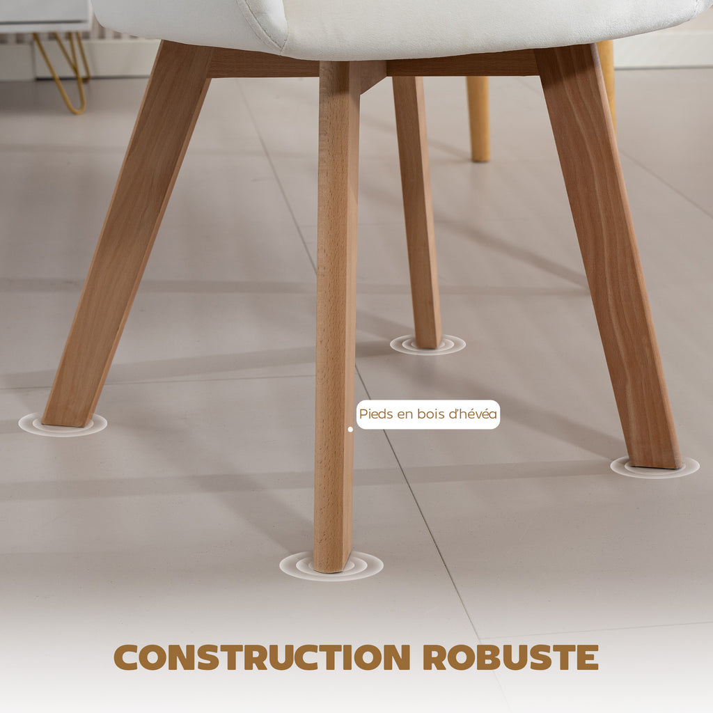 Lot de 2 chaises de salle à manger Fauteuil Assise rembourrée en tissu effet velours Pieds en bois, crème-5