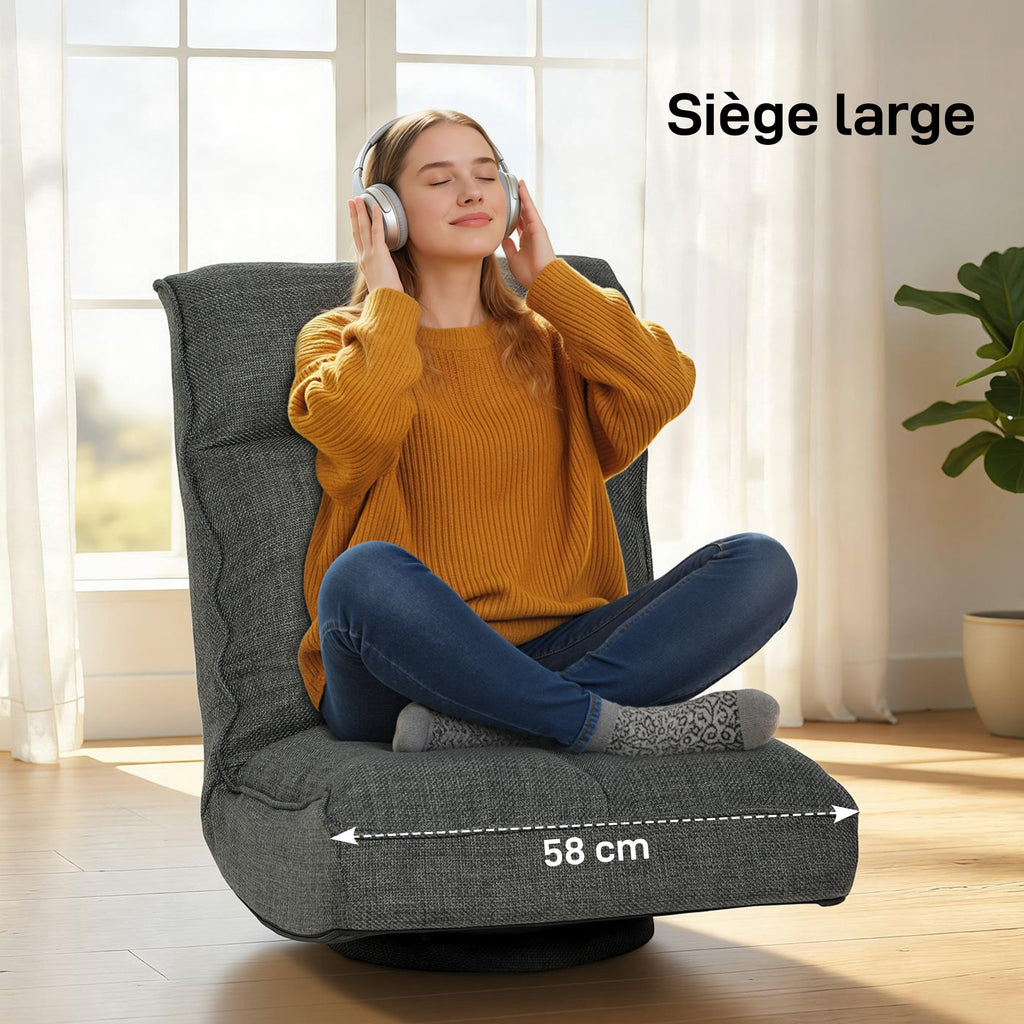 Fauteuil de sol pliable pivotant à 360°, chaise de sol rembourré avec dossier réglable en 5 positions, 58x107x79cm, gris-4