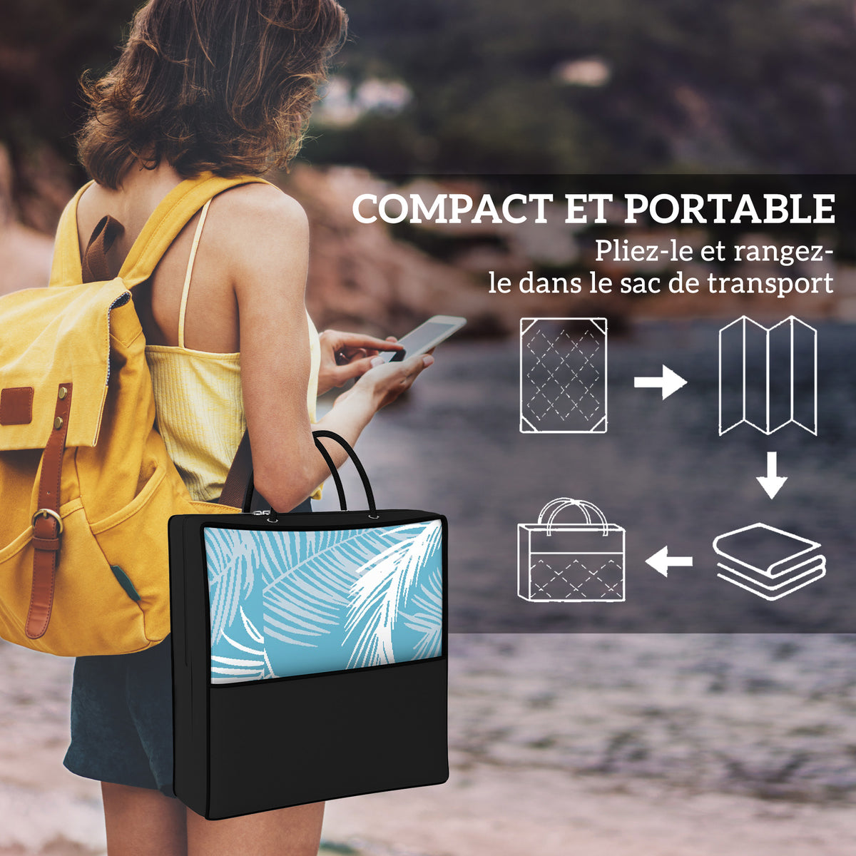 Tapis d'extérieur réversible 274x182 cm, tapis de sol en PP résistant aux intempéries, sac de transport, bleu-5