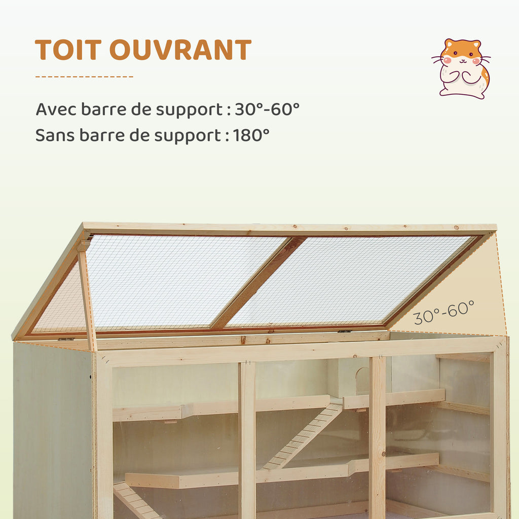 Cage à hamster cage gerbilles 2 niveaux toit ouvrable fenêtres cabane 2 échelle, 115 x 57 x 55 cm, effet bois naturel-5