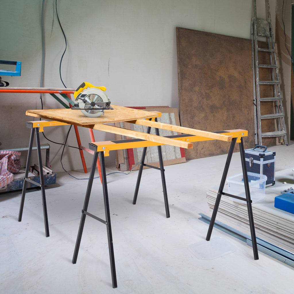 Lot de 2 tréteaux pliables compactes poignée transport dim. 100L x 50l x 76H cm surface antidérapante métal noir jaune-1