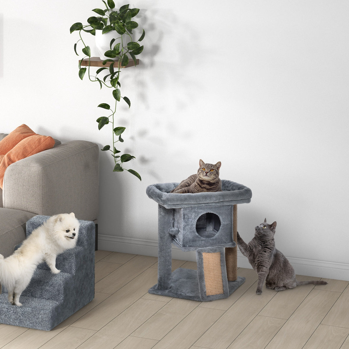 Arbre à chat hauteur de 57 cm avec griffoir en jute, niche, plateforme et balle de jeu, en tissu peluche gris clair-8