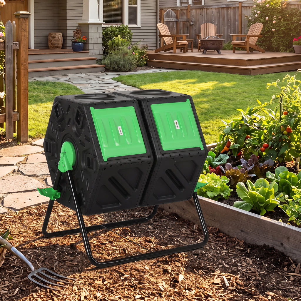 Composteur de jardin bac à compost pour déchets rotatif 360° double chambre 130 L acier PP 67 x 60 x 77 cm noir-8