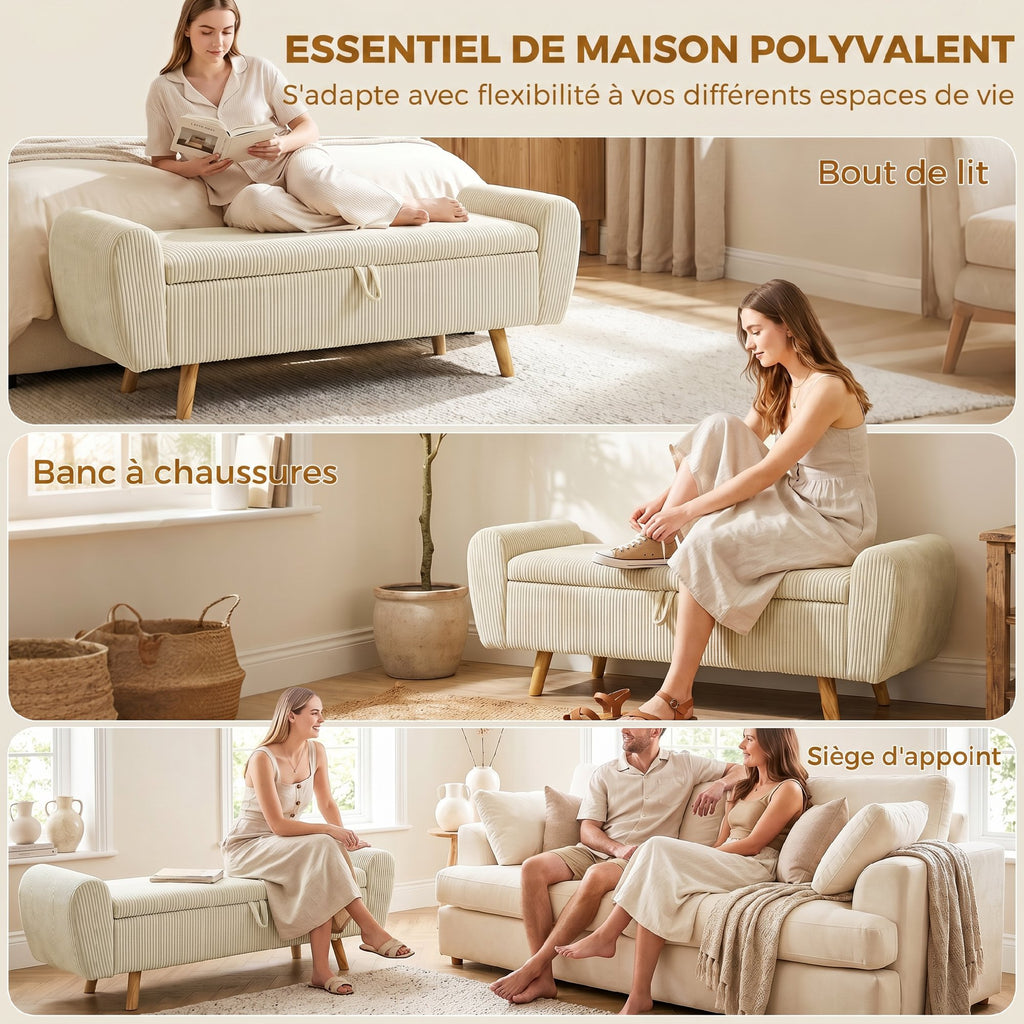 Banc de rangement 73 L, coffre de rangement rembourré en velours côtelé avec accoudoirs et pieds en bois d'hévéa, beige-6