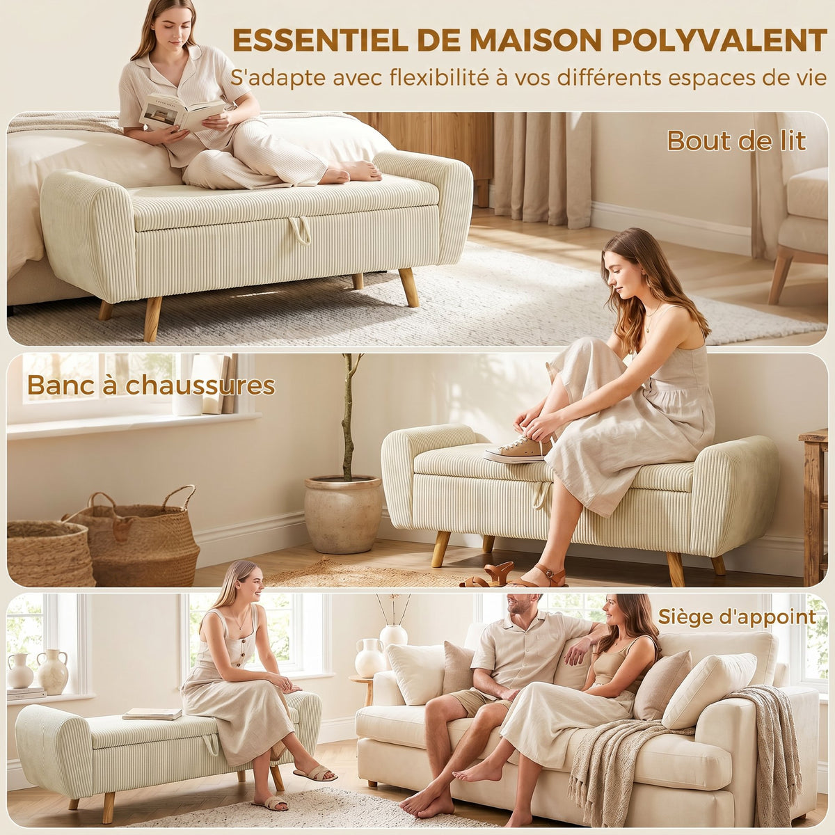 Banc de rangement 73 L, coffre de rangement rembourré en velours côtelé avec accoudoirs et pieds en bois d'hévéa, beige-6