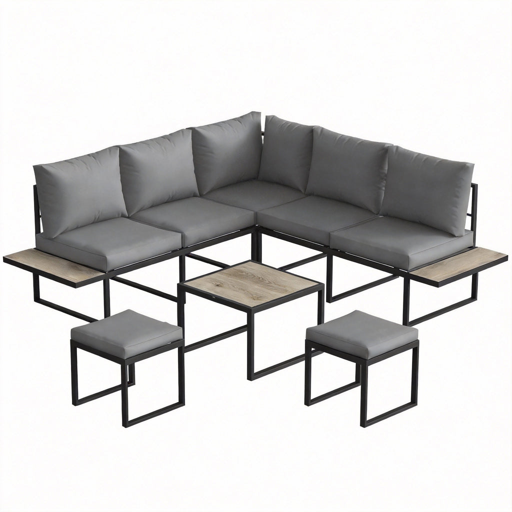 Salon de jardin extérieur 6 personnes modulable table basse et plateaux latéraux en bois PSPC coussins épais 10cm gris-0