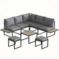 Salon de jardin extérieur 6 personnes modulable table basse et plateaux latéraux en bois PSPC coussins épais 10cm gris-0
