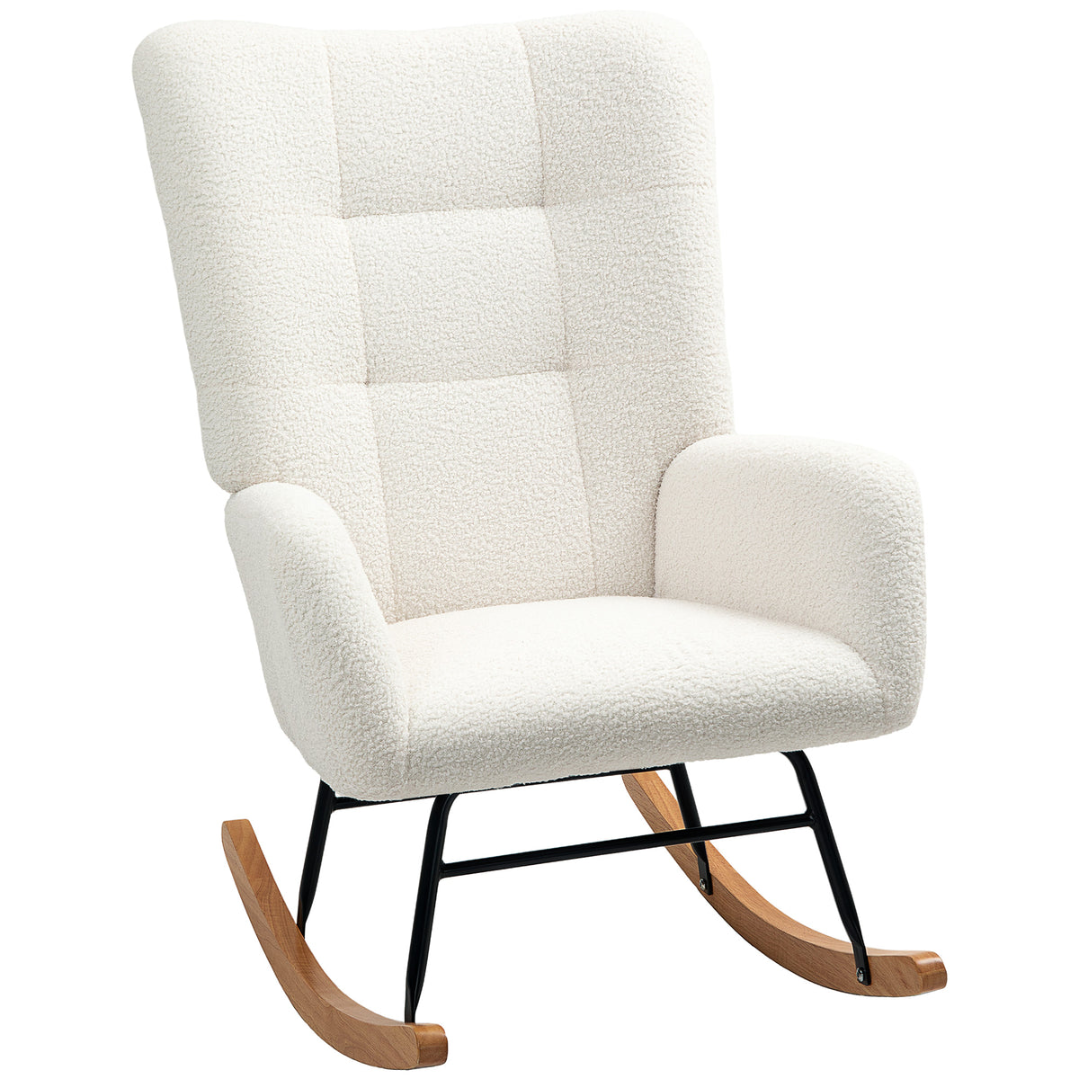 Fauteuil à bascule en tissu effet laine bouclée avec pieds en bois massif d'hévéa pour chambre, salon, crème-9