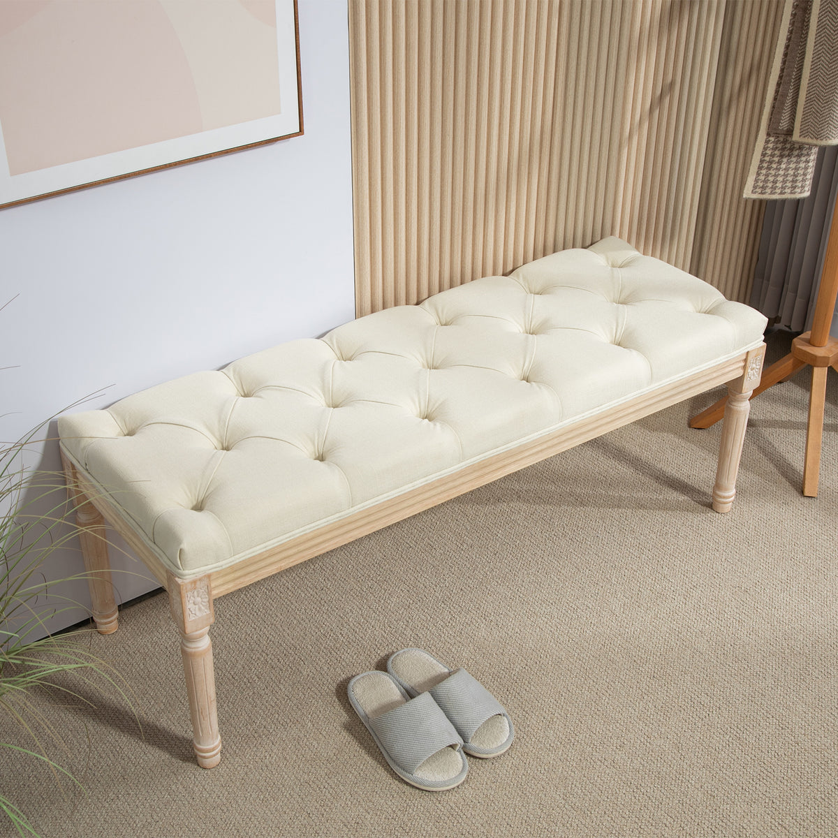 Banc Banquette classique capitonné 115cm bout de lit Rembourrée en lin - bois d'hévéa sculpté, patiné - crème-8