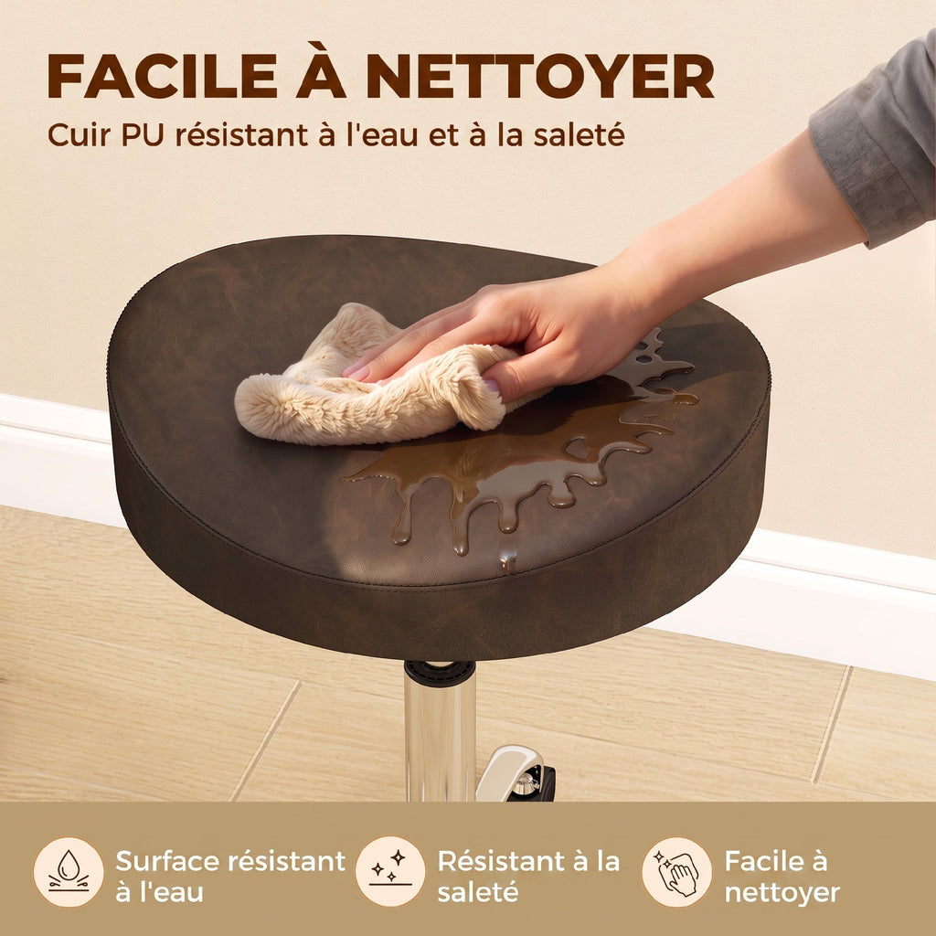 Tabouret à roulettes, tabouret de salon avec hauteur réglable 51-66 cm et assise rembourrée, pivotant 360°, marron-6
