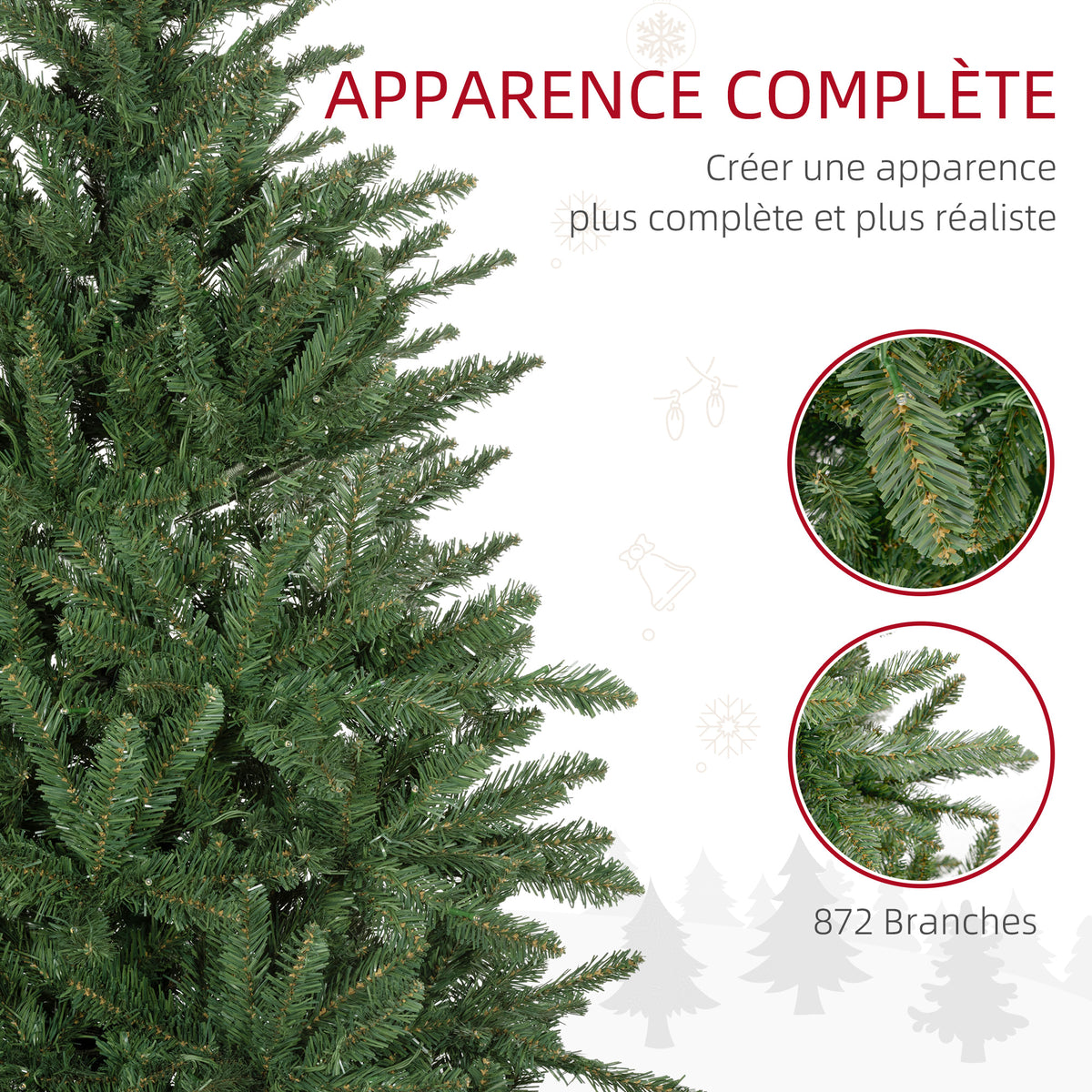 Sapin de Noël Artificiel 180 cm arbre de Noël lumineux LED blanc chaud 872 branches base en métal - vert-5