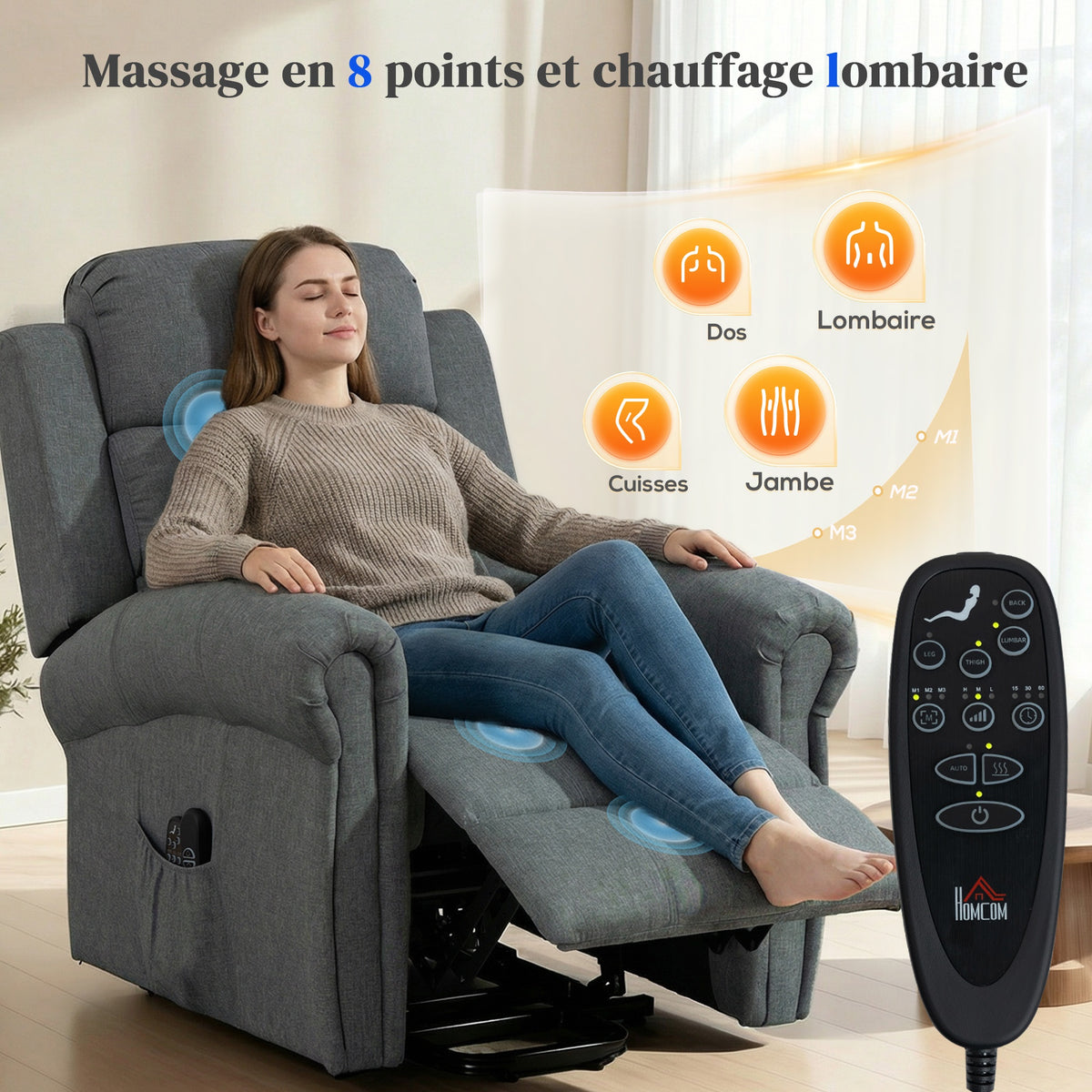 Fauteuil releveur électrique, fauteuil relax électrique avec fonction massage et chauffage, 87 x 87,5 x 108 cm, gris-4