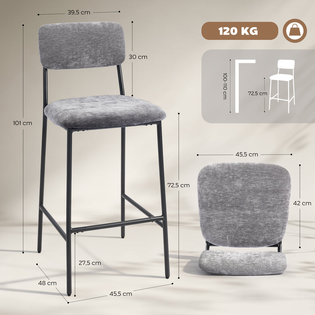 Lot de 2 tabourets de bar en tissu chenille, chaises de bar rembourrées, assise large, dossier haut, 45,5x48x101cm, gris-2