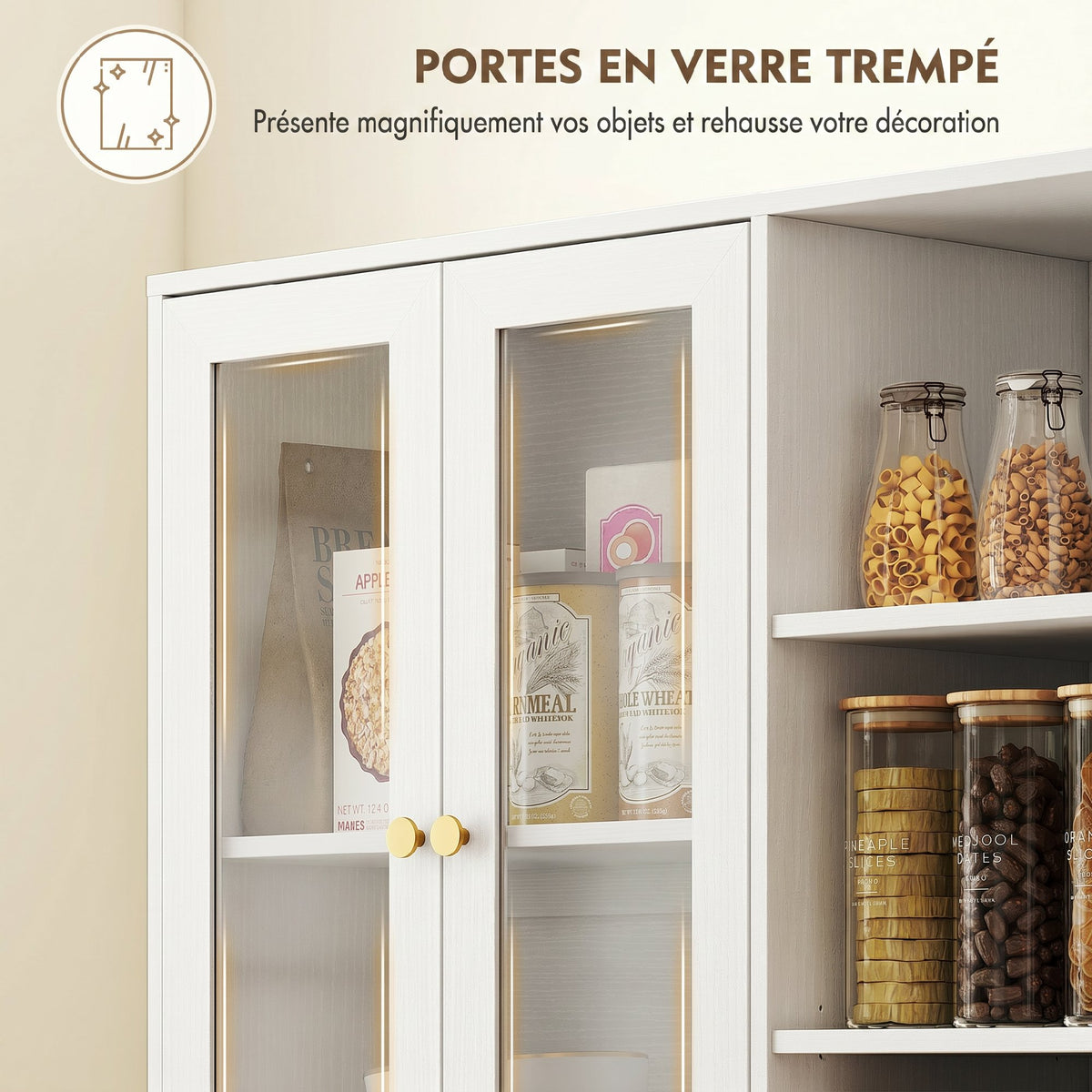 Buffet haut cuisine, vaisselier vitrine avec 4 portes à fermeture douce en verre trempé, 90x35x172cm, blanc-6