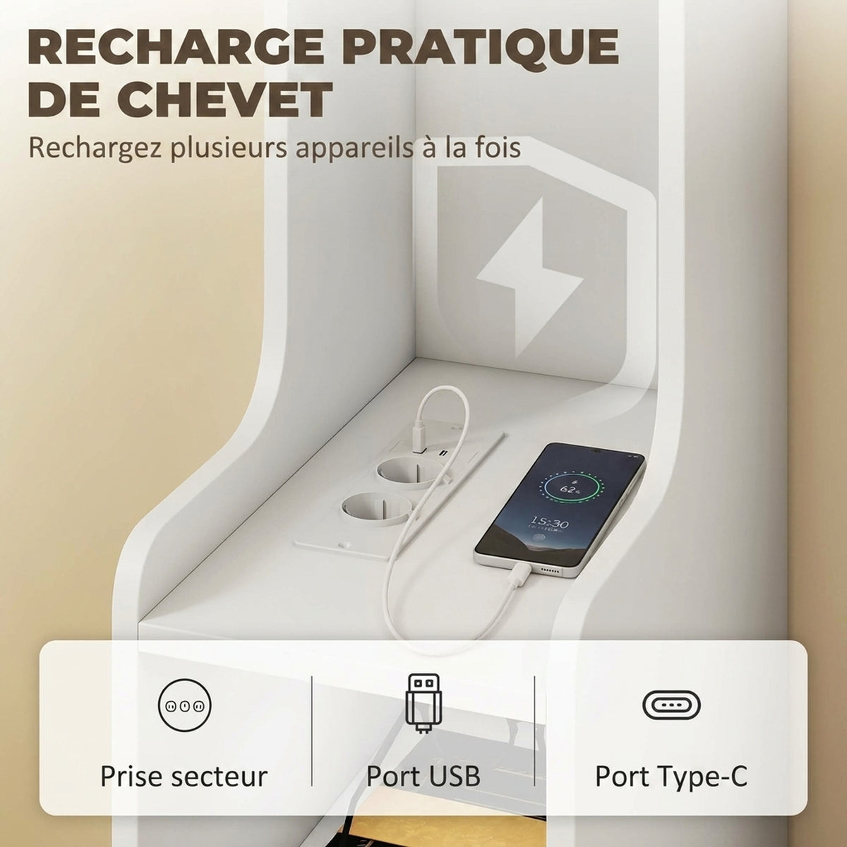 Lot de 2 Tables de Chevet avec Station de Charge, Tables de Nuit Modernes avec Tiroir, Étagères Ouvertes, Blanc-4