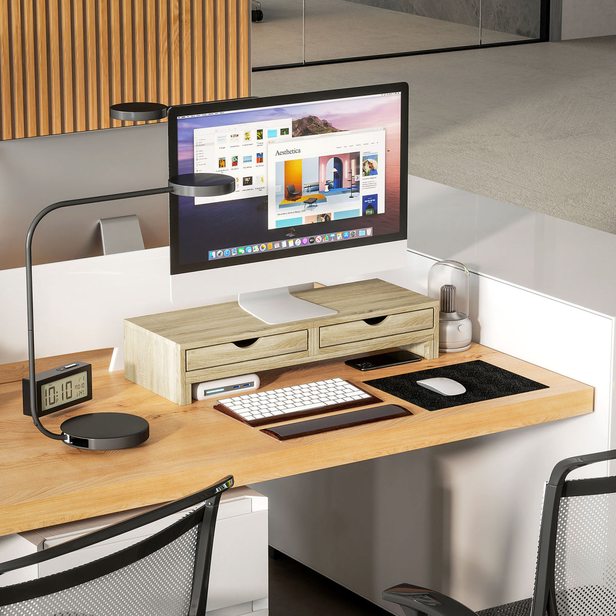 Rehausseur écran PC bureau support d'écran d'ordinateur de 60-116 cm avec 2 tiroirs, longueur et angle réglables-8