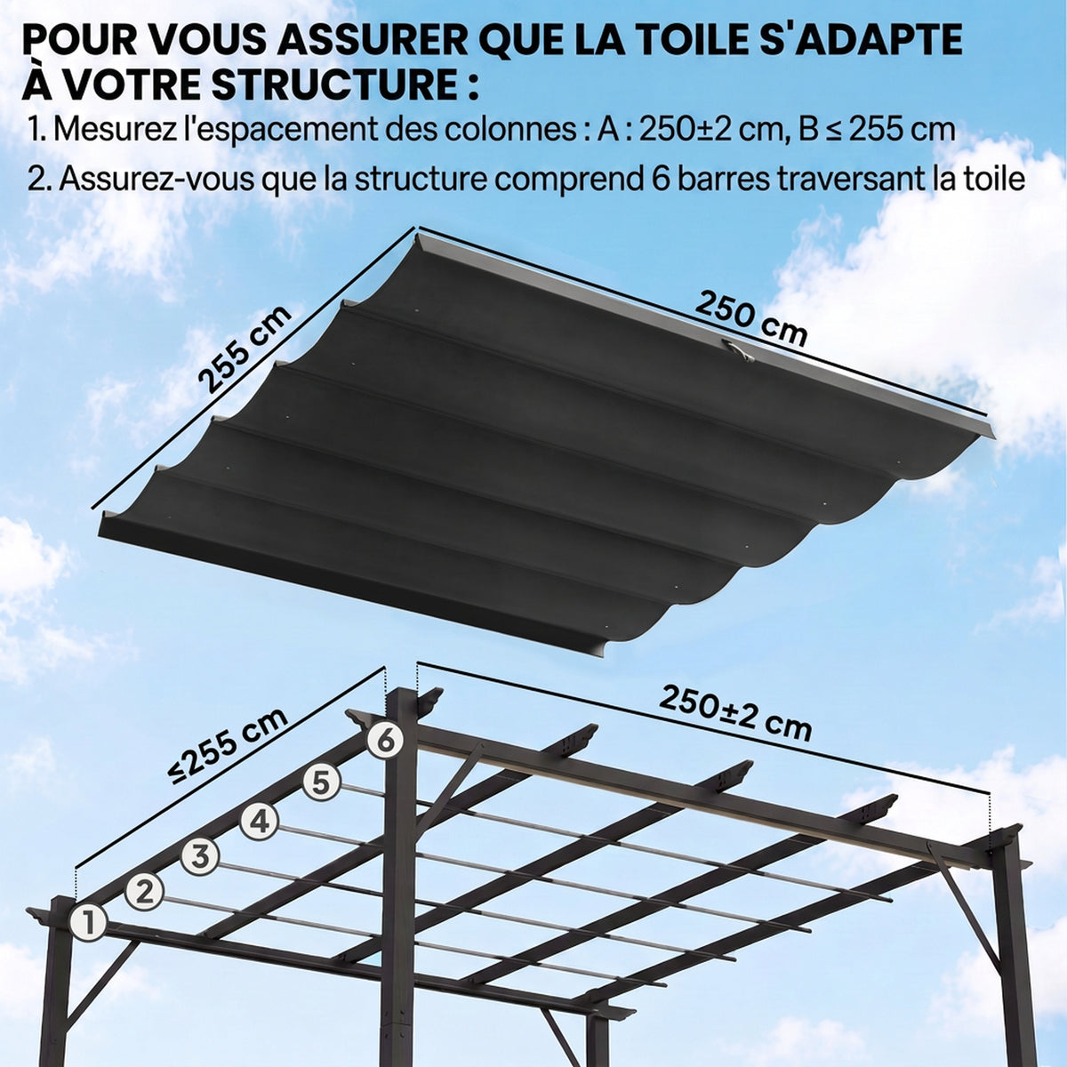 Toile de toit pour pergola tonnelle rétractable de 3 x 3 m - toile uniquement 250 x 255 cm gris foncé-3