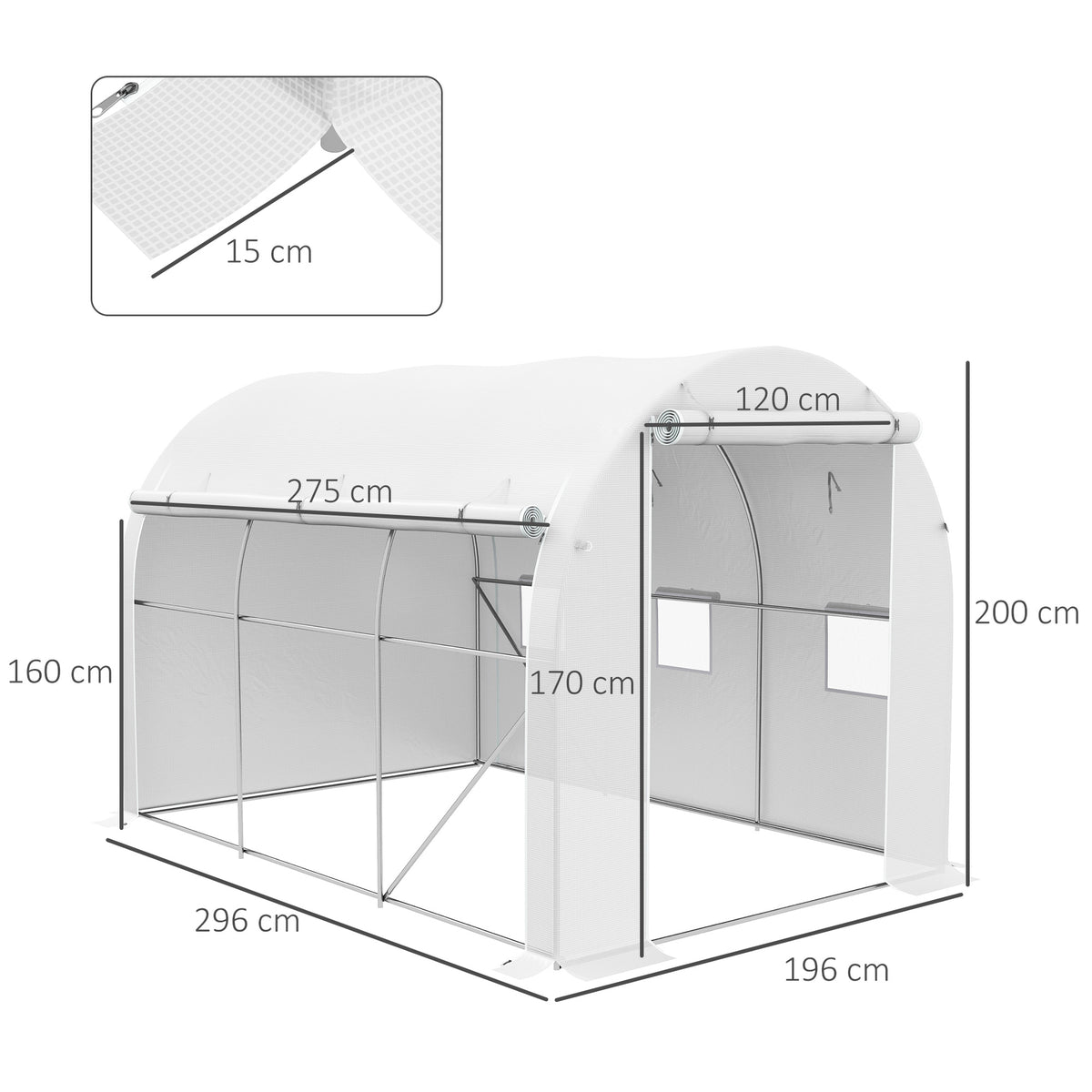 Serre de jardin 6 m² dim. 3 x 2 m avec 1 porte + 2 parois latérales zippées enroulables, 6 fenêtres, Blanc-2