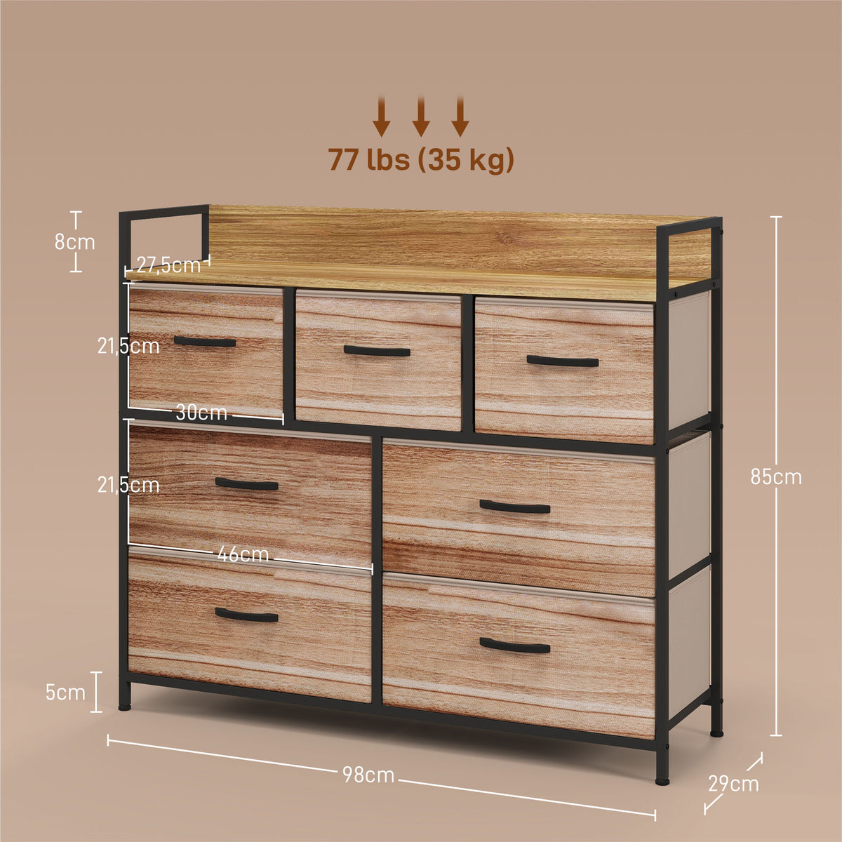 Commode 7 tiroirs meuble de rangement tiroir en tissu pliant - structure acier noir - 98 x 29 x 85 cm-2