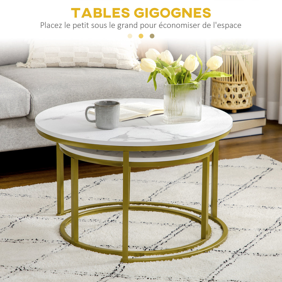 Lot de 2 tables basses gigognes tables rondes plateau aspect marbre et pied en acier Ø 74 x 46,3 cm blanc doré-3
