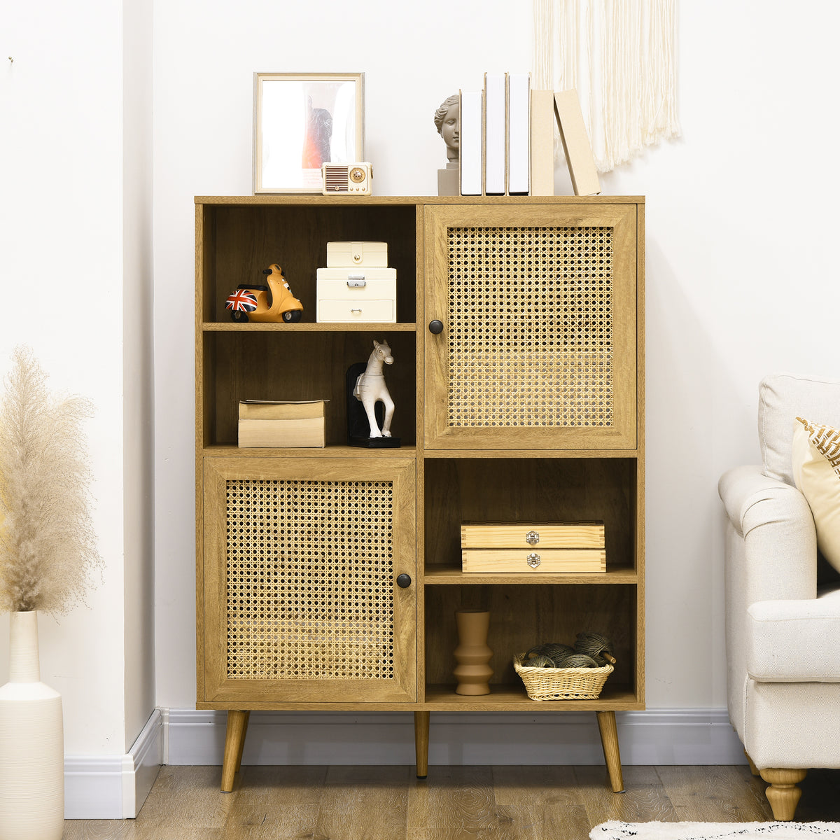 Buffet meuble de rangement armoire haut aspect bois et cannage design 2 portes - dim. 90L x 32,5l x 120H cm-6