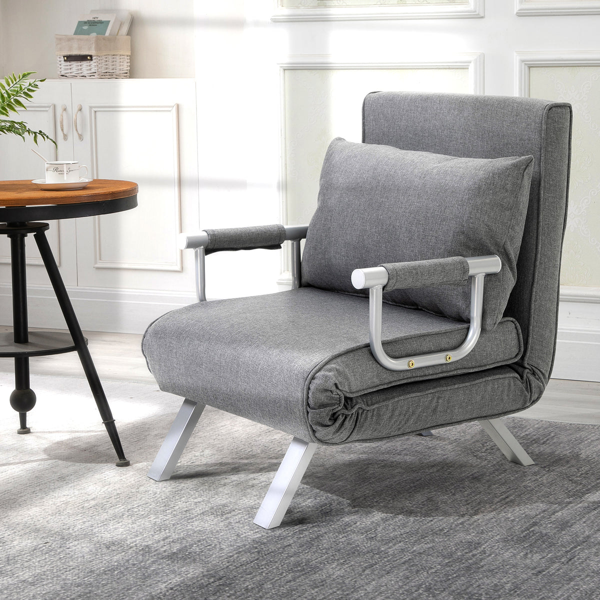Fauteuil chauffeuse canapé-lit Convertible 1 Place déhoussable Grand Confort Coussin Pieds accoudoirs métal Lin Gris Clair-9