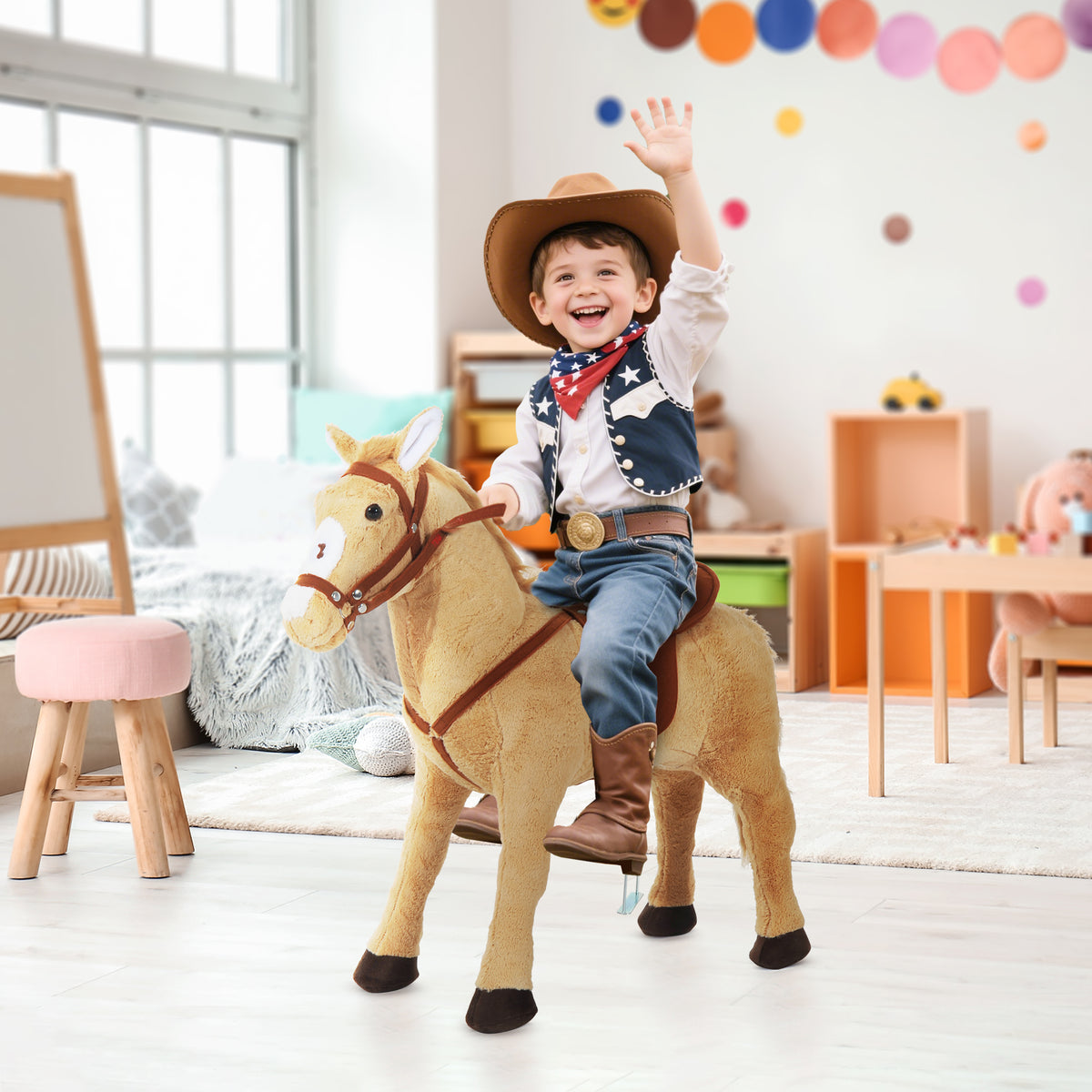 Cheval debout en peluche pour enfant à partir de 2 ans avec effets sonores selle et bride 85 cm (longueur) beige-1
