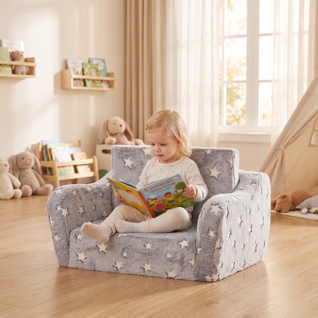 Canapé enfant 2 en 1, fauteuil pour enfant avec étoiles phosphorescentes, dépliable en méridienne, gris-9