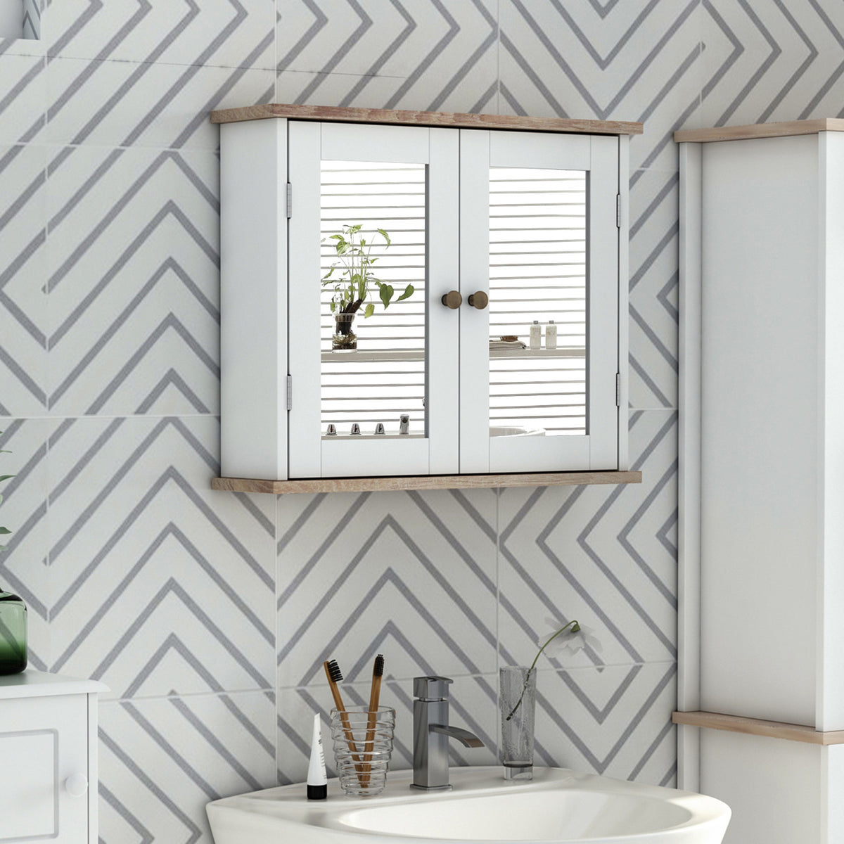 Armoire Murale avec Miroir pour Salle de Bain 2 Niveaux avec 1 étagère réglable et 2 Portes en bois- dim. 56I x 14P x 46H cm-1